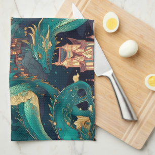 Majestic Teal Dragons and Village Kitchen Towel