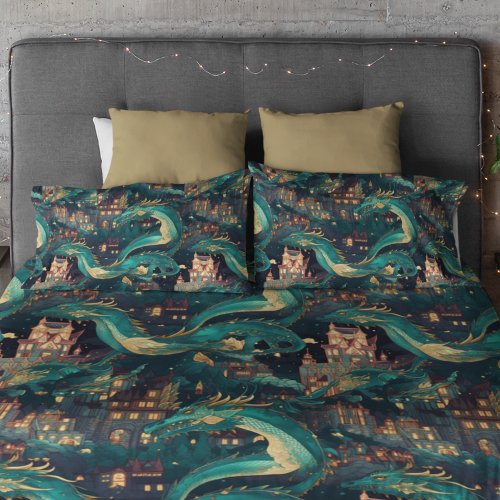 Majestic Teal Dragons and Village Pillow Case