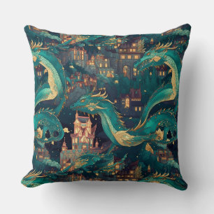 Majestic Teal Dragons and Village Throw Pillow