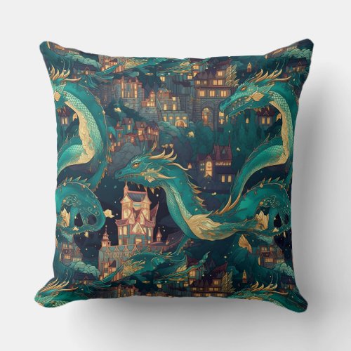 Majestic Teal Dragons and Village Throw Pillow