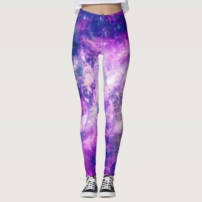 Majestic Teal Purple Starry Space Nebula Leggings (Front)