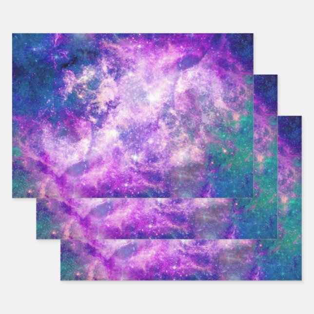 Majestic Teal Purple Starry Space Nebula Wrapping Paper Sheets (Set)