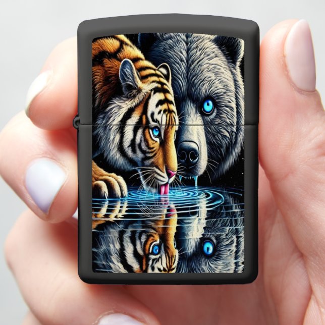 Majestic Tiger and Cosmic Bear Reflection Zippo Lighter (In Hand)