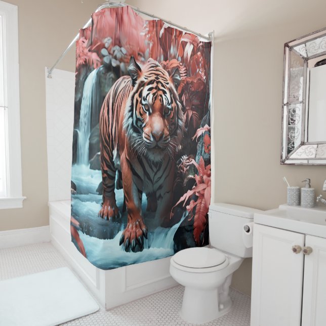 Majestic Tiger by the Waterfall bathroom Shower Curtain (In Situ)