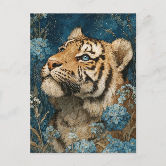 Majestic Tiger Cub in Blue Floral Garden Postcard (Front)