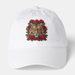 Majestic Tiger Face Red Rose Floral Wreath Hat