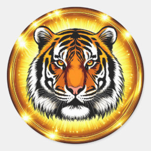 🐅 Majestic Tiger Head Golden Glow Night Art Neon  Classic Round Sticker