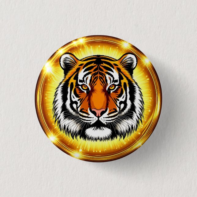 Majestic Tiger Head With Glowing Golden Lights Button (Front)