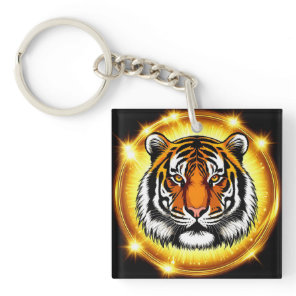 Majestic Tiger Head With Glowing Golden Lights Keychain