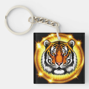 Majestic Tiger Head With Glowing Golden Lights Keychain