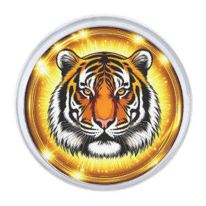 Majestic Tiger Head With Glowing Golden Lights Silver Finish Lapel Pin