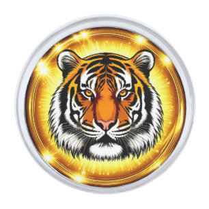 Majestic Tiger Head With Glowing Golden Lights Silver Finish Lapel Pin