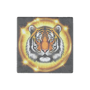 Majestic Tiger Head With Glowing Golden Lights Stone Magnet