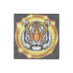 Majestic Tiger Head With Glowing Golden Lights Stone Magnet