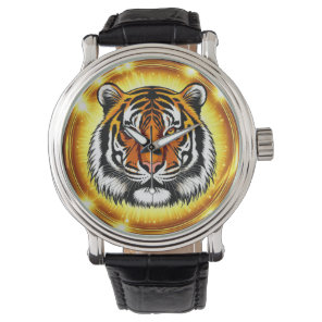 Majestic Tiger Head With Glowing Golden Lights Watch