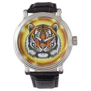 Majestic Tiger Head With Glowing Golden Lights Watch