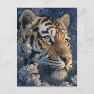 Majestic Tiger in Night Floral Garden Postcard