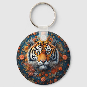 Majestic Tiger Portrait Surrounded by Flowers Keychain