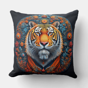 Majestic Tiger Portrait Surrounded by Flowers Throw Pillow