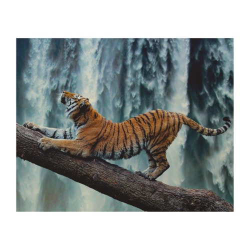 Majestic Tiger Relaxing at a Beautiful Waterfall Wood Wall Art