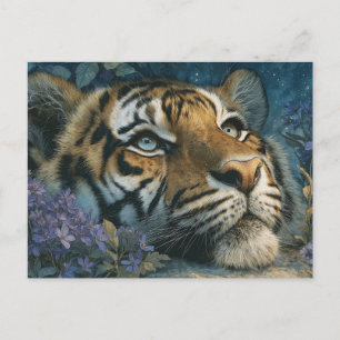 Majestic Tiger Resting in Purple Garden Postcard