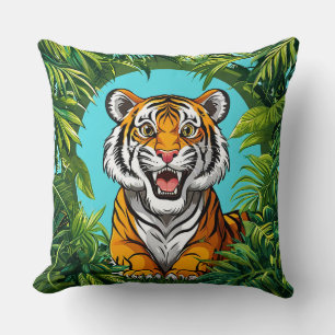 Majestic Tiger Roaring in Vibrant Jungle Throw Pillow