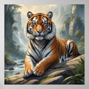 Majestic Tiger Sitting in River Wildlife Poster
