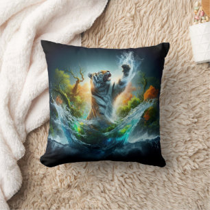 Majestic Tiger Splash Fantasy Wildlife Nature Throw Pillow