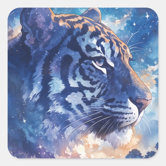 Majestic Tiger Under Celestial Night Sky Square Sticker (Front)