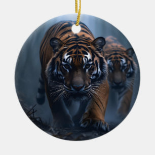 Majestic Tigers in a Foggy Jungle Ceramic Ornament