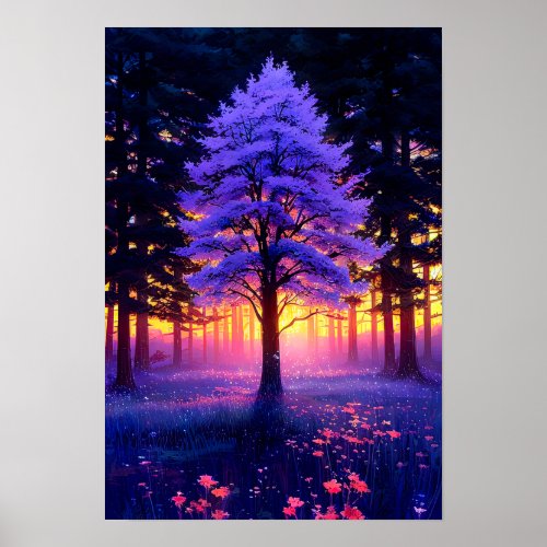 Majestic Tree in the Forest with Sunsets Charm Poster