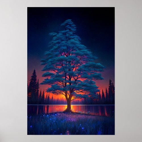 Majestic Tree Red Sunset Poster