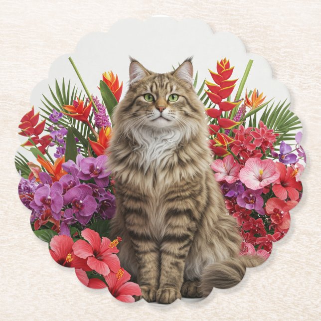 Majestic Tropical Cat Drink Coasters Design. (Front)