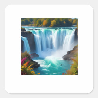 Majestic Turquoise Waterfall | Autumn Nature Wall Square Sticker