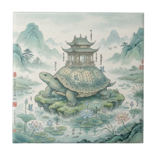 Majestic Turtle Pagoda Ink Art Ceramic Tile