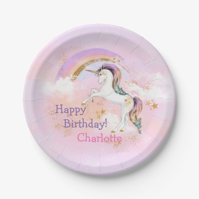 Majestic Unicorn and Rainbow Birthday Party Paper Plates (Front)