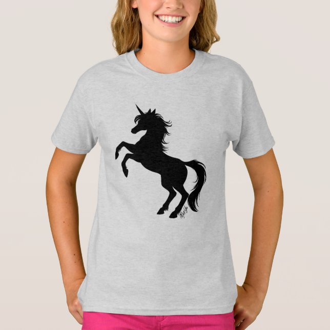 Majestic Unicorn Art Girl's Grey T-shirt by Mei Yu (Front)