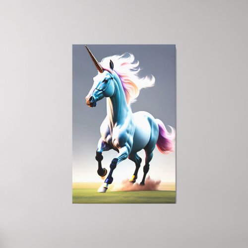 Majestic Unicorn Galloping Through the Meadow On  Canvas Print