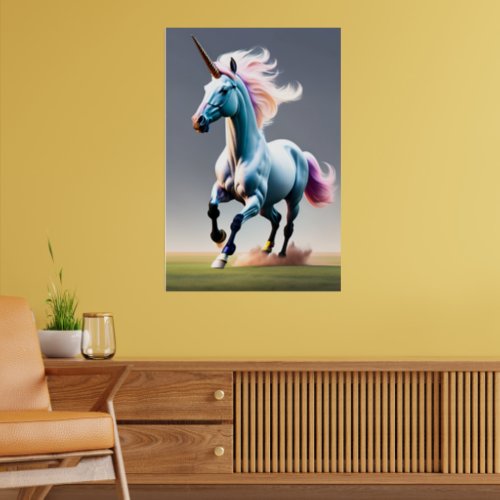 Majestic Unicorn Galloping Through the Meadow On  Poster