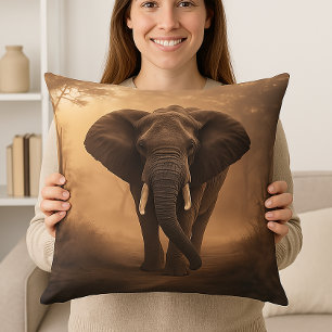 Majestic Walk: Elephant in Misty Forest Throw Pillow