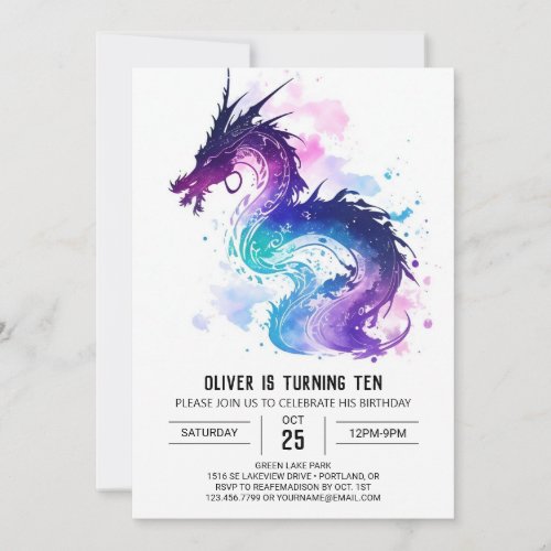 Majestic Watercolor Dragon Birthday Invitation