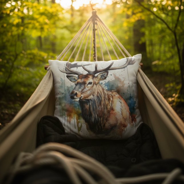 Majestic Watercolor Elk Portrait Throw Pillow (Creator Uploaded)