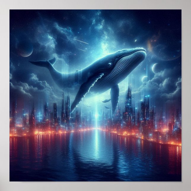 Majestic Whale Above Starlit City Skyline Poster (Front)