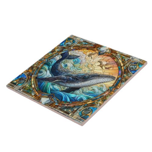 Majestic Whale in Stained Glass Ceramic Tile