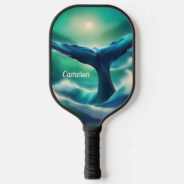 Majestic Whale Tail Blue and White Monogram  Pickleball Paddle (Front)