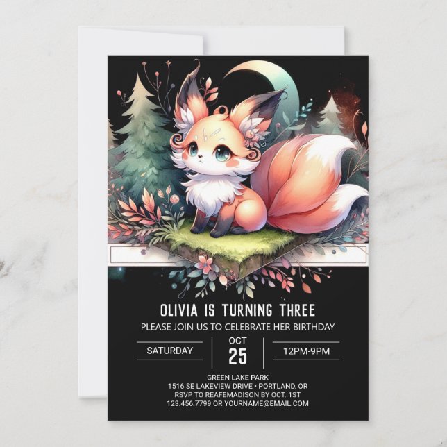 Majestic Whimsy Fox Birthday digital Invitation (Front)