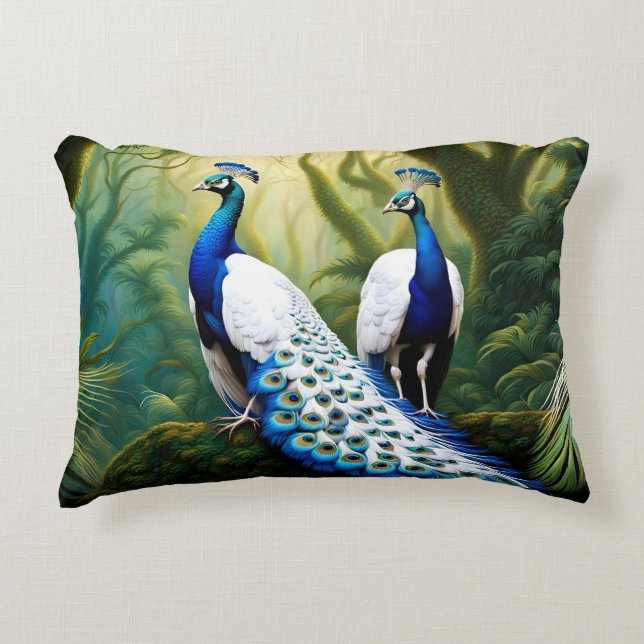 Majestic White and Blue Peacock in Forest Accent Pillow (Front)
