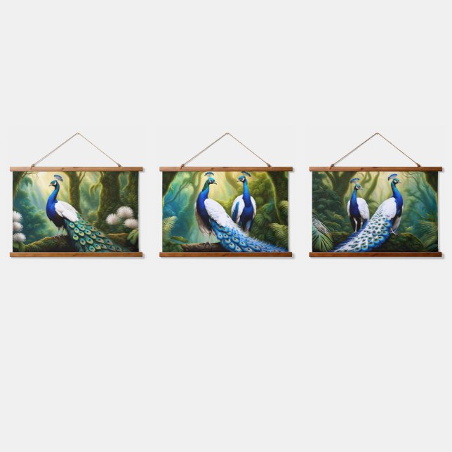 Majestic White and Blue Peacock in Forest Hanging Tapestry (Triple)