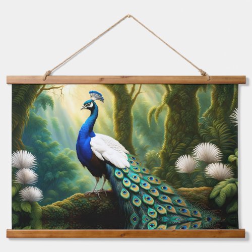 Majestic White and Blue Peacock in Forest Hanging Tapestry