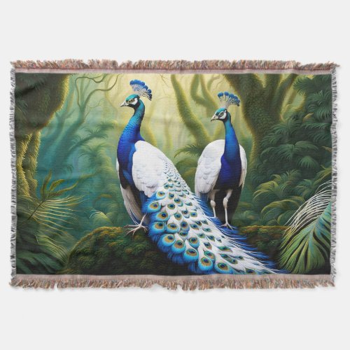 Majestic White and Blue Peacock in Forest Throw Blanket